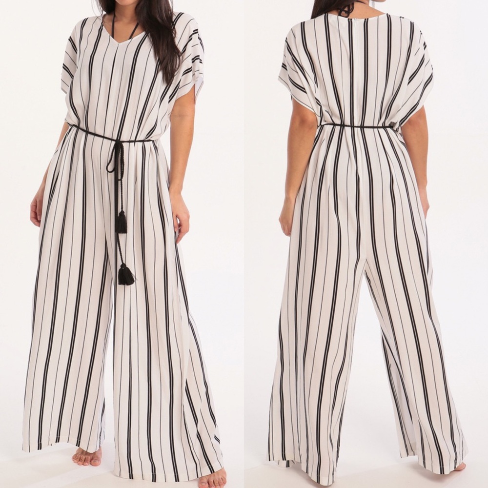 Watercult Seaside Stripe Jumpsuit Wide Leg Tassel